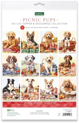 Katy Sue Designs Picnic Pups Die Cut Topper & Decoupage Collection. 4 Sheets of Dog-Themed Square Card Toppers & 4 Sheets of Matching Die Cut Decoupage Sheets for Card Making Supplies & Craft Supplies