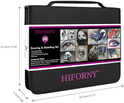 HIFORNY 100 PCS Drawing & Sketching Set, Professional Art Supplies with Graphite,Charcoal, Colored,Watercolor,Metallic Pencils,Blending Tools,Sketchbook and Coloring Book in Zipper Case (Black)