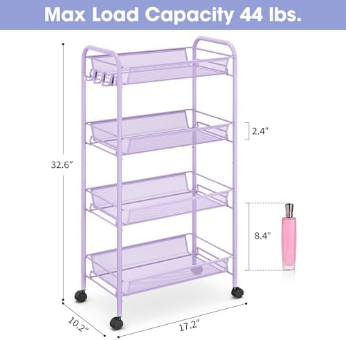 TOOLF 4 Tier Rolling Cart, Metal Utility Storage Cart with Wheels, Purple | 3 Hooks, Screwless Assembly, Trolley Organizer for Bathroom, Kitchen, Office, Nursery, Dorm, Laundry Room