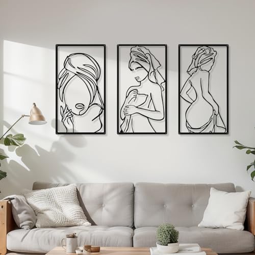 CHENGU 3 Pieces Metal Minimalist Abstract Woman Wall Art Line Drawing Wall Art Decor Single Line Female Home Hanging for Kitchen Bathroom Living Room