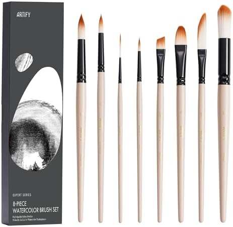 ARTIFY Watercolor Brush Set, 8 Pcs Professional Paint Brushes with Case for Beginners and Artists, Various Shapes, Optimized Hairs for Watercolor, Gouache, Ink, Tempera, and Fabric Painting