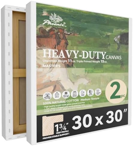 PHOENIX 30x30 Inch 2 Pack Heavy Duty Stretched Canvas - 1 3/4" Thick Extra Large Square Canvas for Painting - Master Series 15 Oz. Gesso Primed Cotton Archival Canvases for Professional Artists