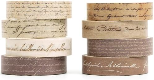 Vintage Washi Tape Set 8 Rolls Thin Retro Decorative Antique Patterns Masking Tapes for Arts, DIY Crafts, Journals, Planners, Scrapbook, Wrapping (Handwritten Text)