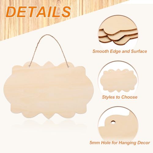 MECCANIXITY Unfinished Hanging Wood Sign Blank with Ropes 9"x6" Unfinished Wood Crafts Boards Wooden Plaques for Crafts DIY Painting Burning Carving Door Wall Decoration, Style 9, Pack of 12