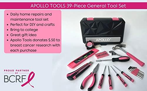 Apollo Tools 39 Piece General Household Tool Set in Toolbox Storage Case with Essential Hand Tools for Everyday Home Repairs, DIY and Crafts - Ribbon - Pink - DT9711P