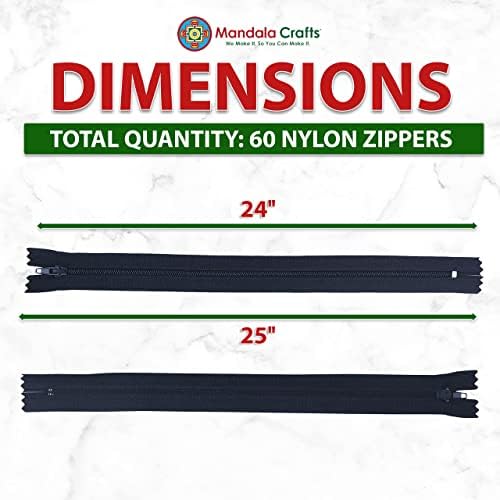 Mandala Crafts 60 PCs Navy Blue Closed-End 24 Inch Nylon Zippers for Sewing