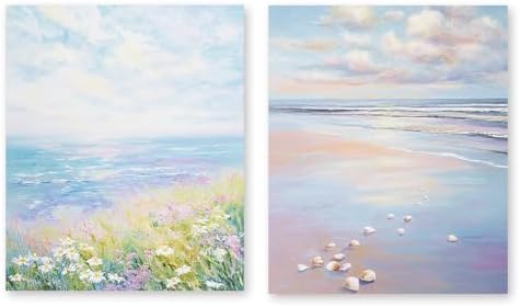 RLTXBUK 2 Pack Blue Pastel Coastal Ocean Diamond Art Kits, Coastal Granddaughter Room Decor, Summer Seaside Floral Seashell Beach Gem Diamond Painting Art Kits for Adults Kids Beginners, 9.8x11.8 Inch