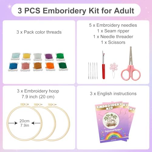 Huacan Embroidery Kit for Adults Beginners with 3 Hoops & Gift Box