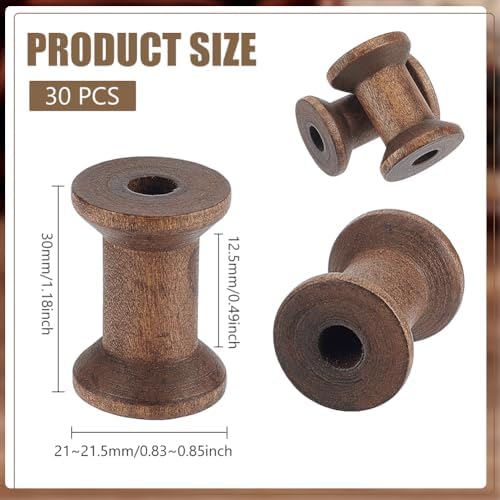 BENECREAT 30Pcs Antique Wooden Empty Spools, 1.18" Empty Thread Spools Wooden Ribbon Spools Bobbins for Wire Weaving Arts DIY Wood Projects, Coconut Brown