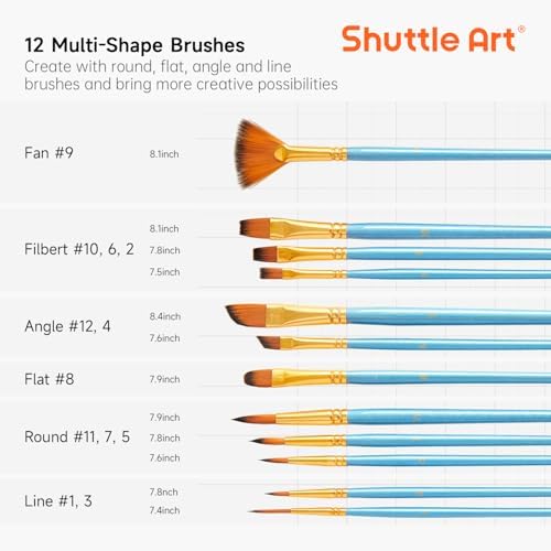 Shuttle Art 12 PCS Paint Brush Set with Case, Assorted Shapes & Sizes for Acrylic, Watercolor, Oil, and Gouache, Perfect Artist Brushes for Kids, Beginners, and Professionals, Ideal for Home or Travel