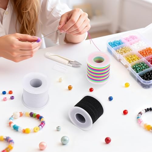 Stretchy Bracelet String Kit with Scissors & Beading Needle, 2 Rolls Elastic String for DIY Crafts, 1mm Stretchy Cord for Jewelry Making Sewing Necklace Beading, 330FT, (Black, White)