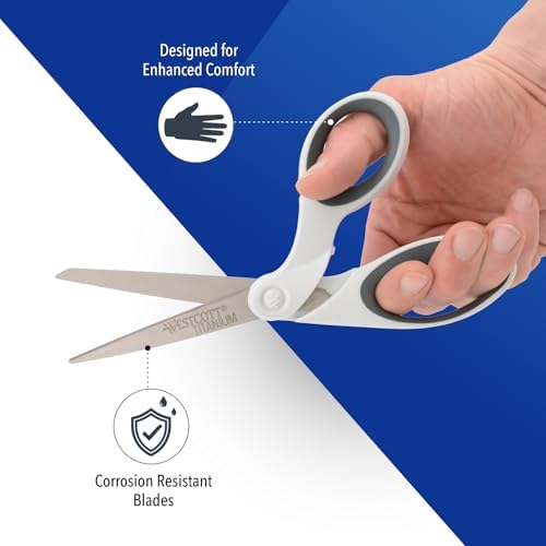 Westcott 8" Bent Craft Scissors with Titanium-Bonded Blades for Heavy-Duty Use (White or Blue, Colors May Vary)