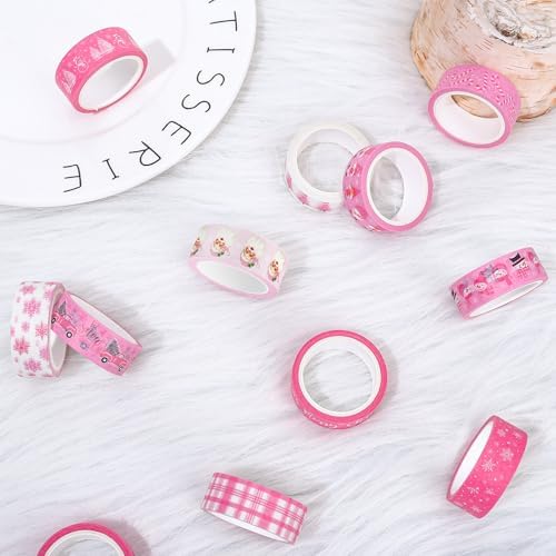 Whaline 12 Rolls Pink Christmas Washi Tape Winter Snowflake Santa Xmas Tree Washi Tape Christmas Holiday Pink Decorative Masking Tape Assortment for Scrapbook Journal DIY Crafts Gift Wrapping