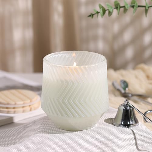 6 Pcs 13.5 OZ Creamy Large Candle Jars for Making Candles, Ribbed Unique Candle Jars, Glass Jars with Wooden Lids and Labels for Candle Making Supplies, Container, Home Decor, Gift