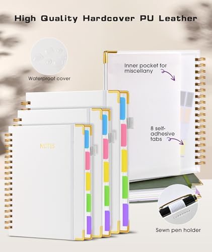 Hardcover Spiral Notebook 8.5"x11" Journal with Removable Dividers Tabs, 300 Pages Leather 5 Subject Notebook College Ruled, Large Notebooks for Work School, Lined Journal for Women, A4 White