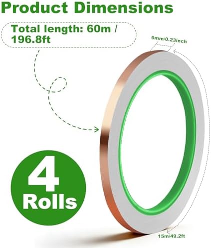 Rindion 4 Pack Copper Tape, 1/4inch X 196.8FT Double-Sided Conductive Copper Foil Tape, Copper Tape Conductive Adhesive for EMI Shielding, Electrical Repairs, Guitars, Grounding, Craft Decorations