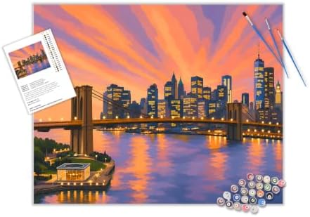 ARNLRDYA New York Cityscape Sunset Paint by Number Kits, Downtown View Hand-Painted Art, Brooklyn Bridge Canvas Acrylic Painting Set, Modern Urban Paint by Numbers for Home Decor(16×20inch, Unframe)