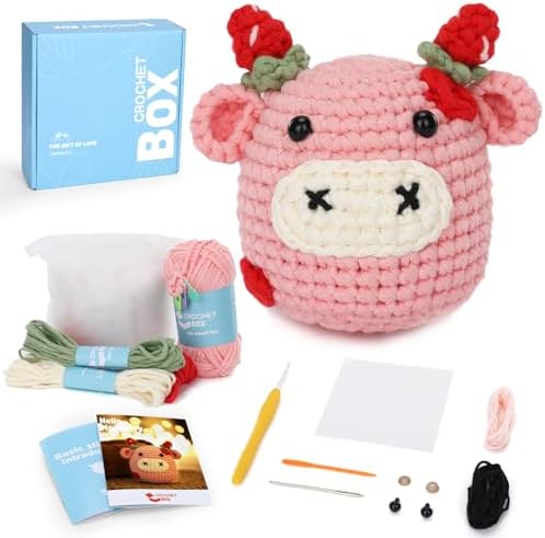 Crochet Kit for Beginners Adults - Cow Starters Crocheting Animal Kits for Teen, DIY Craft Birthday Gift with Crochet Yarns, Hook, Step-by-Step Video, Instruction and Crochet Accessories
