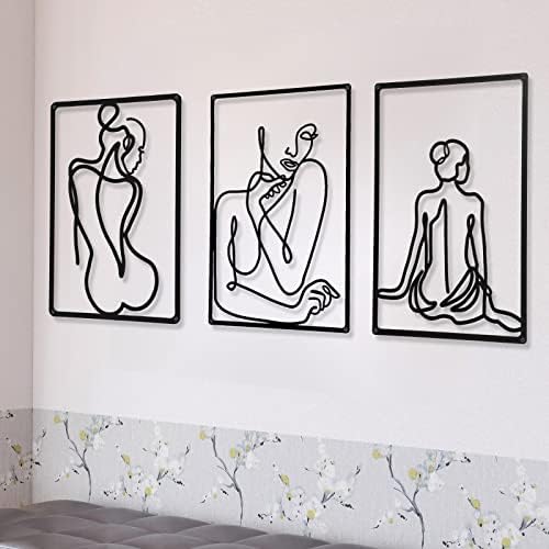 CHENGU 3 Pieces Metal Minimalist Abstract Woman Wall Art Line Drawing Wall Art Decor Single Line Female Home Hanging for Kitchen Bathroom Living Room