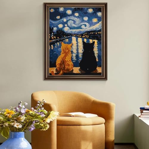 RYMILIE Cat Diamond Art Kits for Adults Diamond Painting Kit 12x16in | 5D Starry Night Diamond Art Painting Kit for Beginners, DIY Full Square Cat Gem Art Crafts for Home Wall Decor Gift