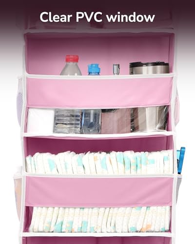 ULG 1 Pack Over Door Organizer with 5 Large Pockets 10 Mesh Side Pockets, 44 lbs Weight Capacity Hanging Storage Organizer with Clear Window Kids Toys, Shoes, Diapers, Pink