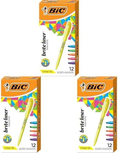 BIC Brite Liner Highlighters, Chisel Tip, 12-Count Pack of Highlighters Assorted Colors, Ideal Highlighter Set for Organizing and Coloring (Pack of 3)