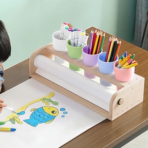 Kids Tabletop Paper Roll Dispenser with Paper Rolls (15"" x 16.4ft) and 5 Pencil Holder Cups Portable Art Painting Easel for Kids to Doodle Draw Play