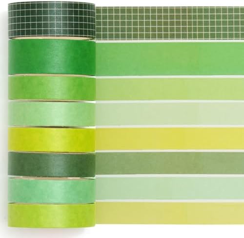 YUBBAEX 8 Rolls Basic Washi Tape Set Solid Color Grid Masking Decorative Tapes for Arts, DIY Crafts, Journals, Planners, Scrapbooking, Wrapping (Forest)