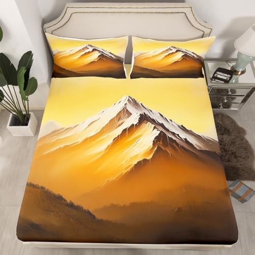 3D Golden Mountain Sheet Set Natural Landscape Scenery Bedding Set Natural Mountain Scenery Bed Sheets Teens Room Decor Golden Black (King Flat & Fitted Sheet with 2 Pillow Case)