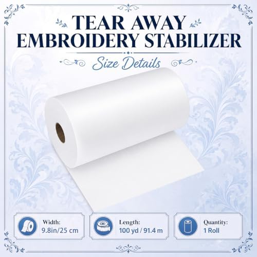 Peryiter 1 Roll 10" x 100 yd Tear‑Away Embroidery Stabilizer 25μm Backing Stabilizer for Embroidery Lightweight Sewing Stabilizers for Hand Sewing Machine