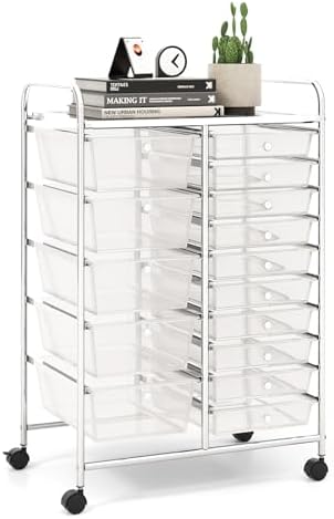 LDAILY 15 Drawer Rolling Storage Cart, Rolling Cart with Drawers for Classroom, Art Supply Craft Organizer on Wheel with Metal Frame & Handles for Home Office School