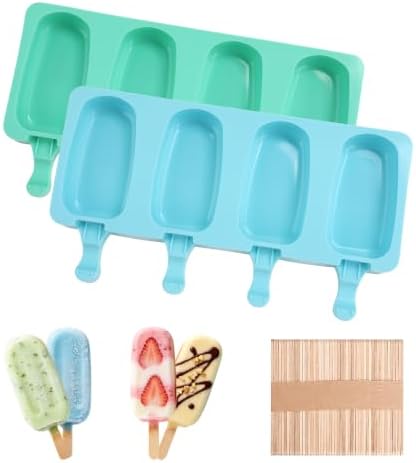 Popsicles Molds, 2Pcs Homemade Cake Pop Molds with Wooden Popsicles Sticks, Reusable Silicone Ice Pop Cream Cakesicle Maker Mold 4 Cavities for Home DIY Craft, Green & Blue