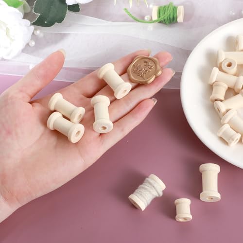 RAHHLIZS 30 Pcs Wooden Spools, Natural Wooden Spools for Crafts, Unfinished Empty Wood Bobbins for Sewing Embroidery Machines Organizing Cord Twine Ribbon Chains Elastic Threads