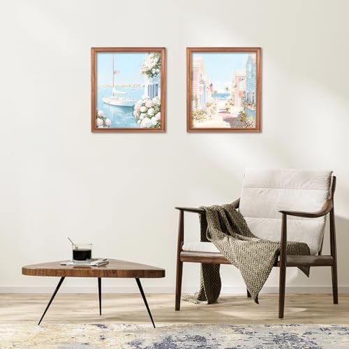 RLTXBUK 2 Pack Nantucket Coastal Beach Diamond Art Kits, Preppy Summer Blue Pink Hydrangea Sailboat East Coast Landscape Gem Diamond Painting Art Kits for Adults Kids Beginners, 9.8x11.8 Inch
