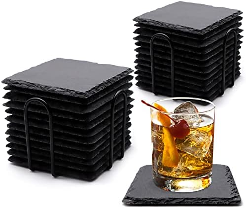 24 PCS Square Slate Drink Coasters Set, SIJDIEE 4 Inch Laser Engraving Black Slate Stone Coasters with Anti-Scratch Bottom and Coaster Holder for Office Bar Kitchen Home Dinner Table Decor Supplies