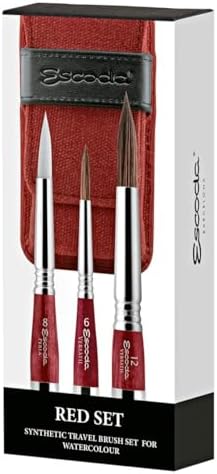 Escoda | Watercolour | Red Travel Set | Size 6,8,12 | 3 Brushes | Synthetic Kolinsky + White Toray | Round Pointed
