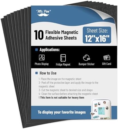 Mr. Pen- Flexible Magnetic Sheets with Adhesive Backing, 12" x 16", 10 Pack