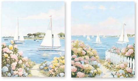 RLTXBUK Diamond Painting Kits for Adults 2 Pack, Coastal Sailboat Harbor & Hydrangea Beach Path, Full Drill DIY Diamond Dots Art Canvas for Seaside Home Decor 9.8x11.8 Inch
