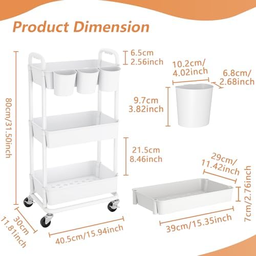 JIUYOTREE 3-Tier Plastic Rolling Storage Cart Utility Cart with Extra Hanging Cups Handles Lockable Wheels for Living Room Bathroom Kitchen Office White