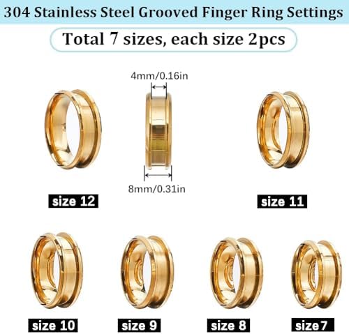 SUNNYCLUE 1 Box 12Pcs Grooved Ring Blanks Cores Golden Stainless Steel Inlay Finger Ring Blanks US Size 7/8/9/10/11/12 Inlay Empty Findings for Men Women Jewelry Making Kits