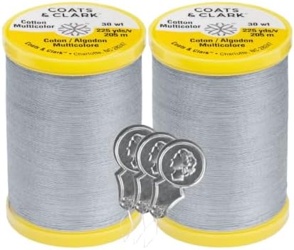 Coats & Clark Cotton All Purpose Sewing Thread 100% Mercerized Cotton 225 Yards Each Spool S970 2 Pack Bundle with 3 Bella's Crafts Needle Threaders (Nugrey)