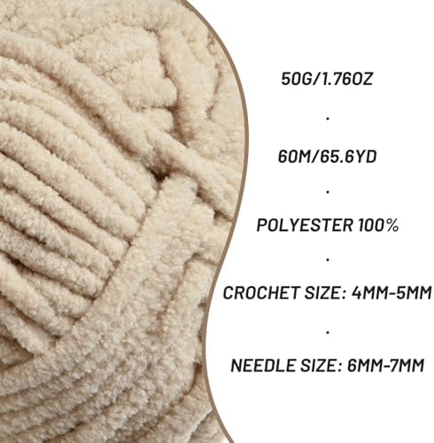 Plush Chenille Chunky Crochet Yarn - Baby Yarn for Crocheting Soft - Velvet Yarns Knitting for Blankets Crafts - Fluffy Amigurumi Yarns 50g / 65.6yd (Light Khaki)