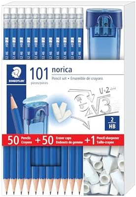 STAEDTLER Norica Pencil Set: 50 Pre-sharpened #2 HB Pencils with 50 Eraser Caps & Double-Hole Sharpener, Break-Resistant Lead, School Pack