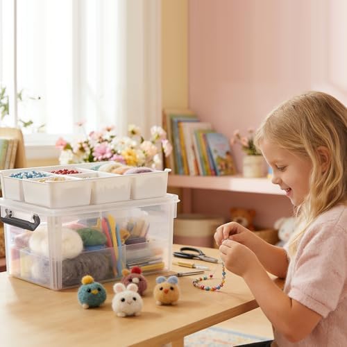 17 Qt Craft Organizers and Storage with Removable Tray and Divider, Clear Craft Storage Box, Stackable Art Supply Organizer for Painting, Coloring Book & Playdoh Storage, 1 Pack