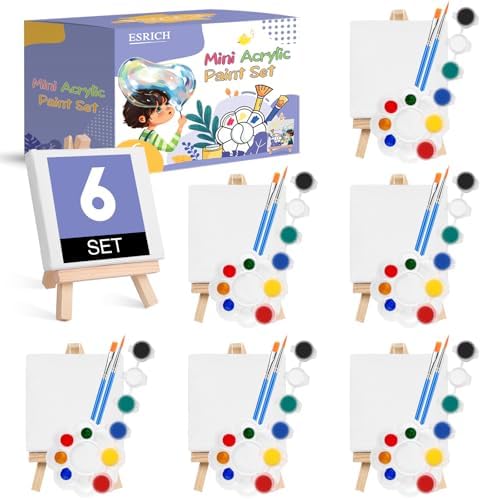 ESRICH 6 Set Mini Acrylic Paint Kit, Mini Stretched Canvas with Easel