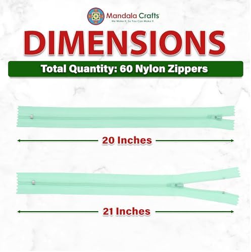 Mandala Crafts 60 PCs Mint Closed-End 20 Inches Nylon Zippers for Sewing