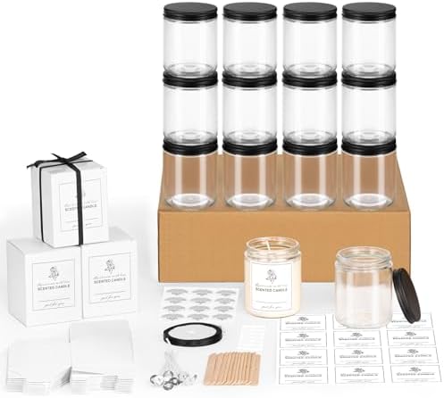 12 Pack 8OZ Glass Jars with Metal Lids, Candle Jars with Candle Making Kits, Labels, Gift Box, Empty Canning Jars, for Food Storage, Spice, Liquid
