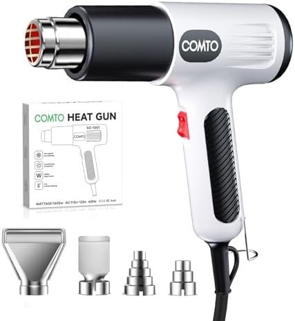 Heat Gun, 1600W Hot Air Gun with 2 Heat Settings, White | 752°F/1112°F Dual Heat Control, 4 Metal Nozzles, Overheat Protection, PA66 Housing, 1.1lb Lightweight Design, Non-Slip Grip