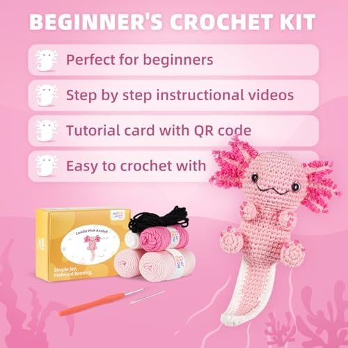 MOREJMTT Crochet Kit for Beginners, Learn to Crochet, Include Easy Knitting Soft Yarn, Step-by-Step Video Tutorial, Hook, Holiday Birthday Gift for Adults (Happy Axolotl)