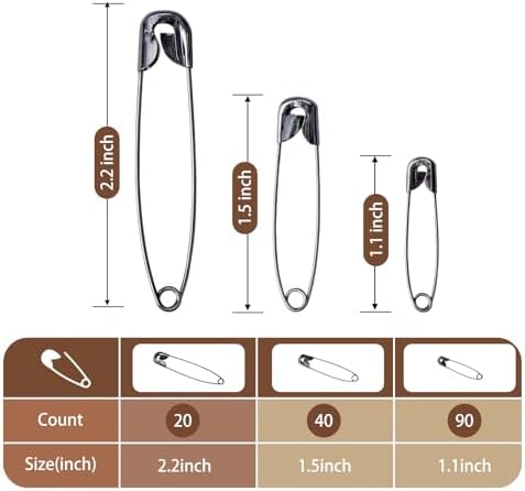 XKDOUS 150 Pack Safety Pins for Clothes 3 Universal Assorted Sizes, Black